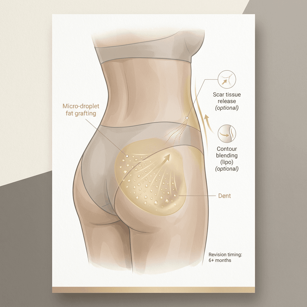 Elegant, non-graphic procedural illustration: fat grafting “micro-droplet” placement to fill a depression + optional callout for scar tissue release and contour blending via liposuction (no blood, no exposed tissue).