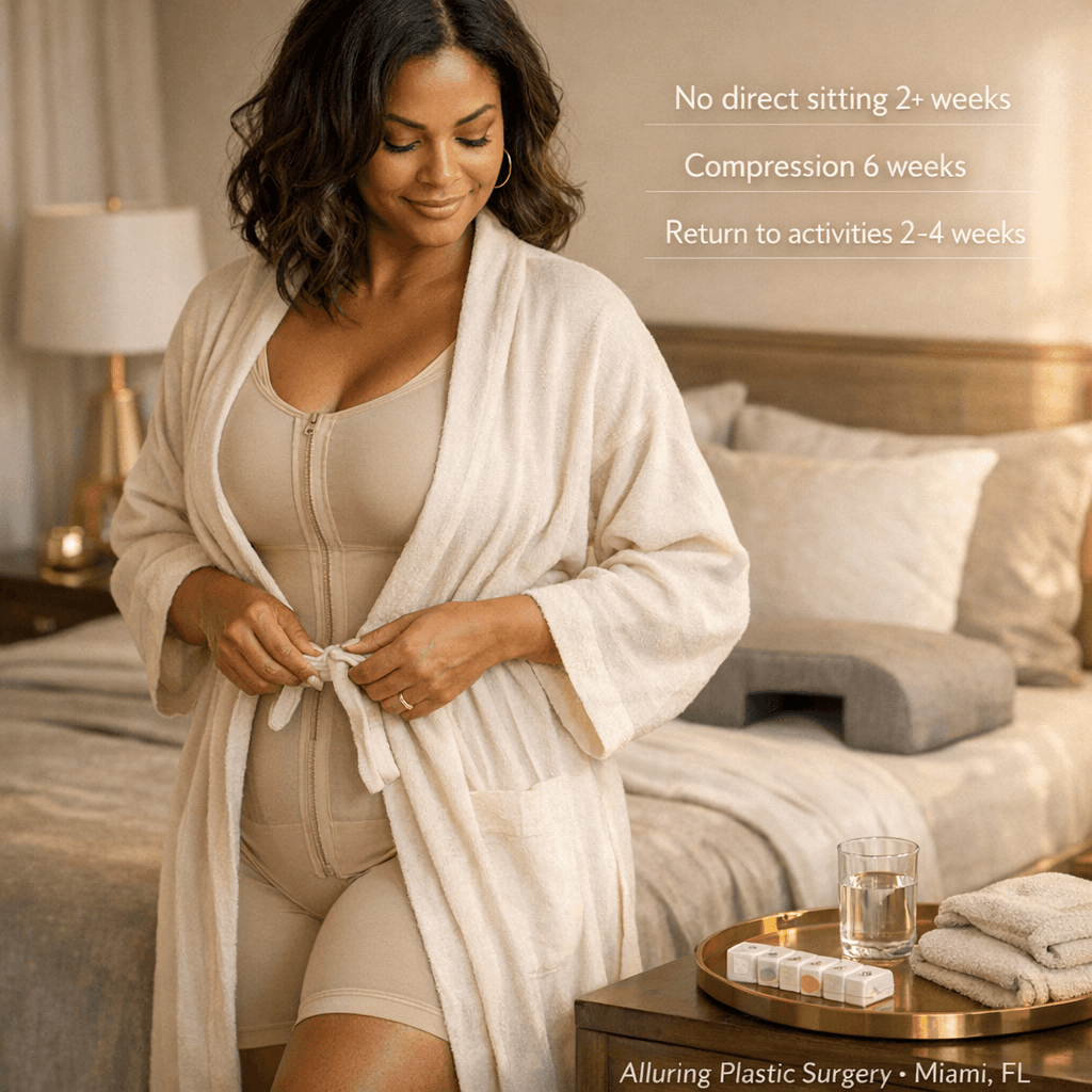 Luxury lifestyle recovery-at-home scene: woman in a tasteful compression garment under a robe, neutral stone-toned bedding/interior, discreet BBL pillow visible; optional overlay text callouts: “No direct sitting 2+ weeks,” “Compression 6 weeks,” “Return to activities 2–4 weeks.”