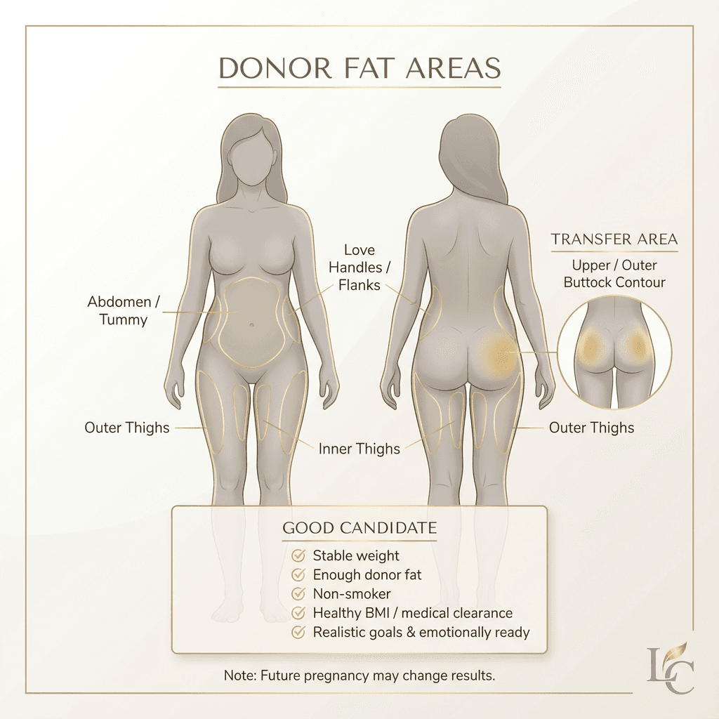 Front and back female silhouette highlighting donor fat areas and gluteal transfer zones with candidate checklist for BBL ...