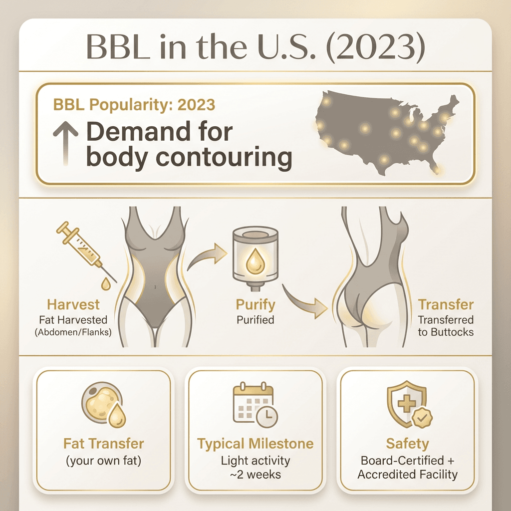 Luxury-styled infographic: “BBL in the U.S. (2023)” + 3 quick facts (fat transfer, typical recovery milestone, safety factors: board-certified + accredited facility). Stone-tone palette with gold accents.
