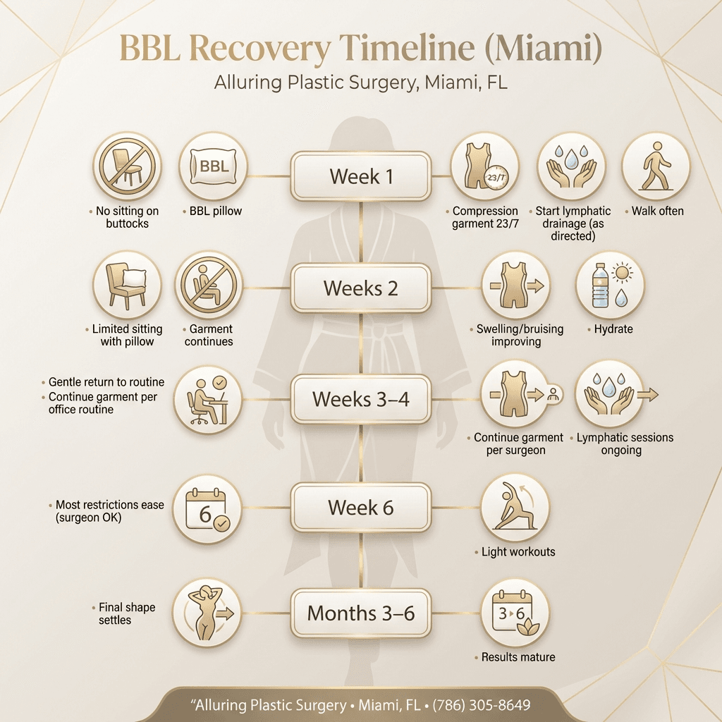 “BBL Recovery in Miami” timeline infographic (Week 1, Weeks 2, Weeks 3–4, Week 6, Months 3–6) with icons for sitting restrictions, garment wear, lymphatic drainage, humidity tips.
