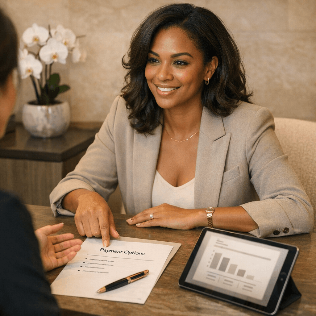 Consultation/concierge-style photo: well-dressed patient reviewing a financing plan with a coordinator in a modern, stone-toned office with subtle gold accents (no visible private medical details).