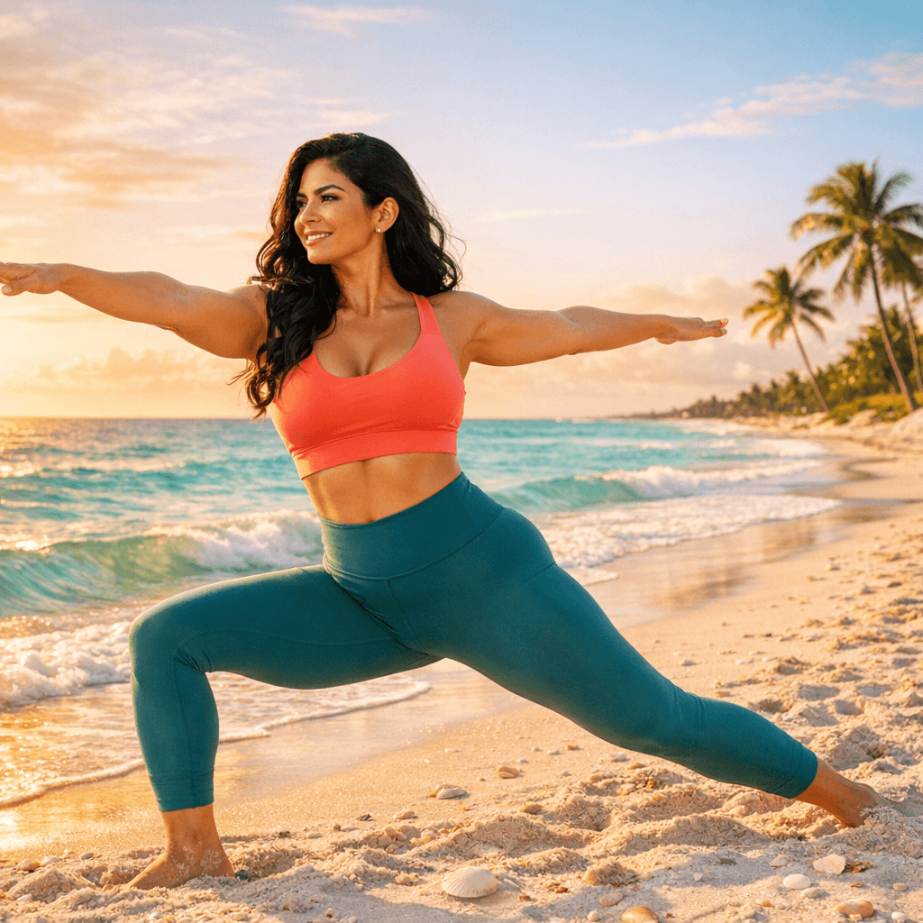 Confident Latina Miami mom in luxurious activewear performing safe yoga exercises after mommy makeover on a golden hour beach, embodying post-recovery empowerment and aspiration.