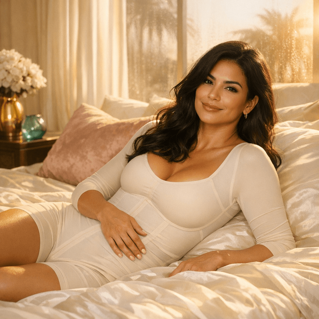 Radiant Latina Miami mom in intimate beauty pose, showcasing flawless recovery from mommy makeover surgery