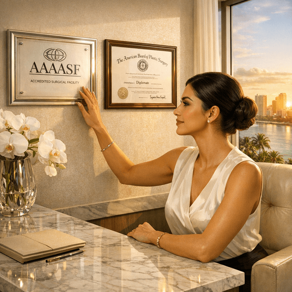 Confident Latina woman reviewing accreditation certificates in a luxurious Miami plastic surgery consultation room with tropical view.