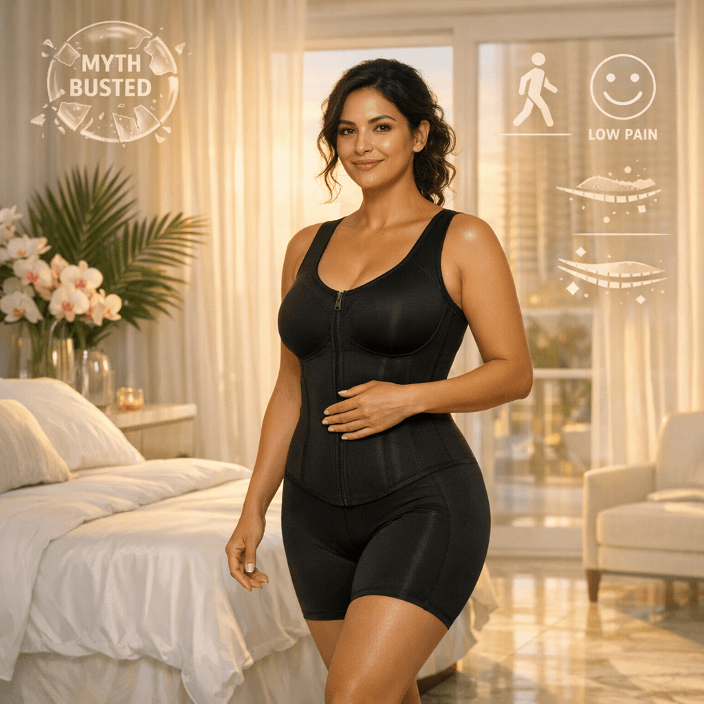 Confident Latina Miami mom in luxurious recovery suite post-tummy tuck, debunking recovery myths with serene poise and tropical elegance