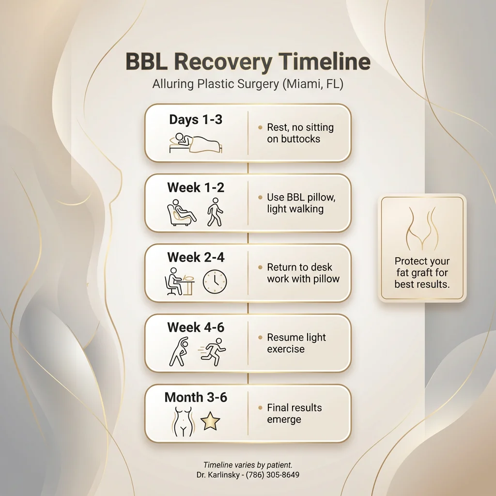 Week-by-week BBL recovery timeline infographic from surgery to final results
