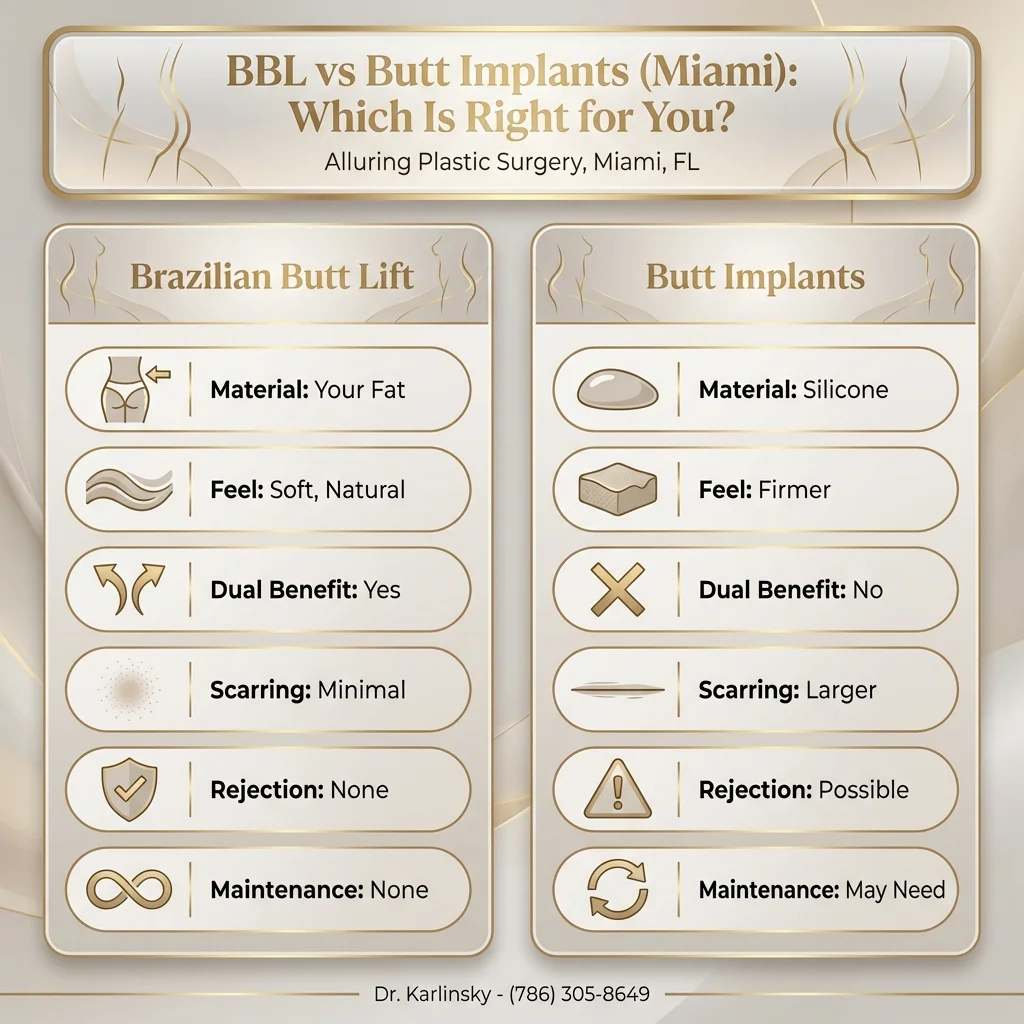 Infographic comparing Brazilian Butt Lift vs Butt Implants - natural fat transfer vs silicone