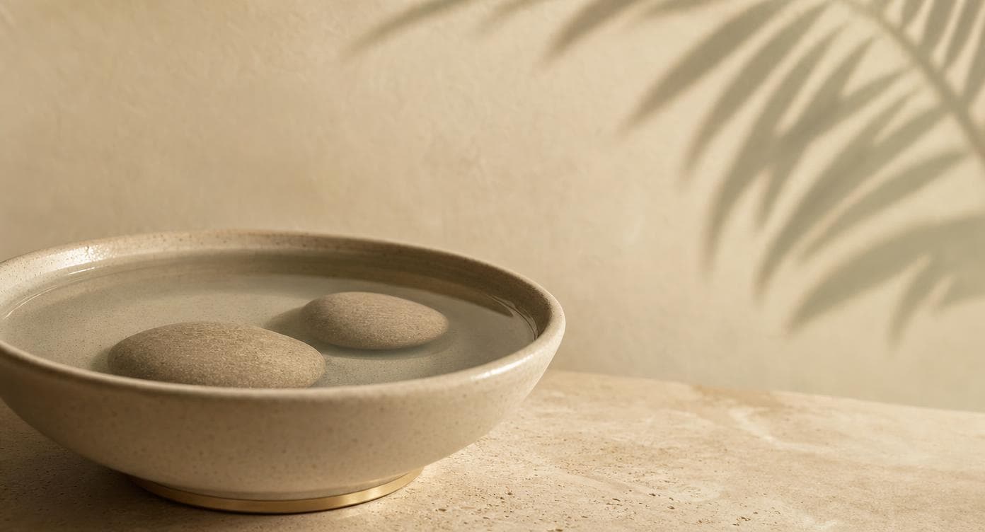 Two smooth river stones resting below still water in a shallow stoneware bowl with soft natural light and shadows