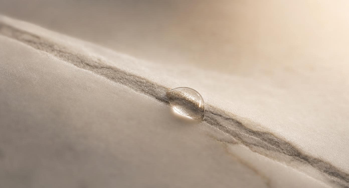 Single water droplet clings to honed Calacatta marble vein under soft warm light, highlighting smooth texture and gentle s...