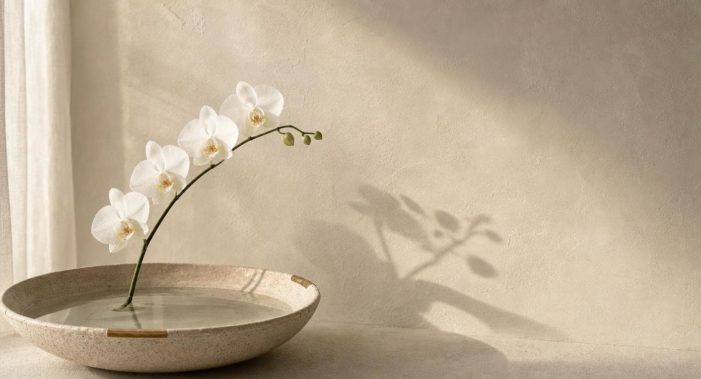 Single white phalaenopsis orchid stem arches over still water in a matte stoneware bowl against a limewash wall