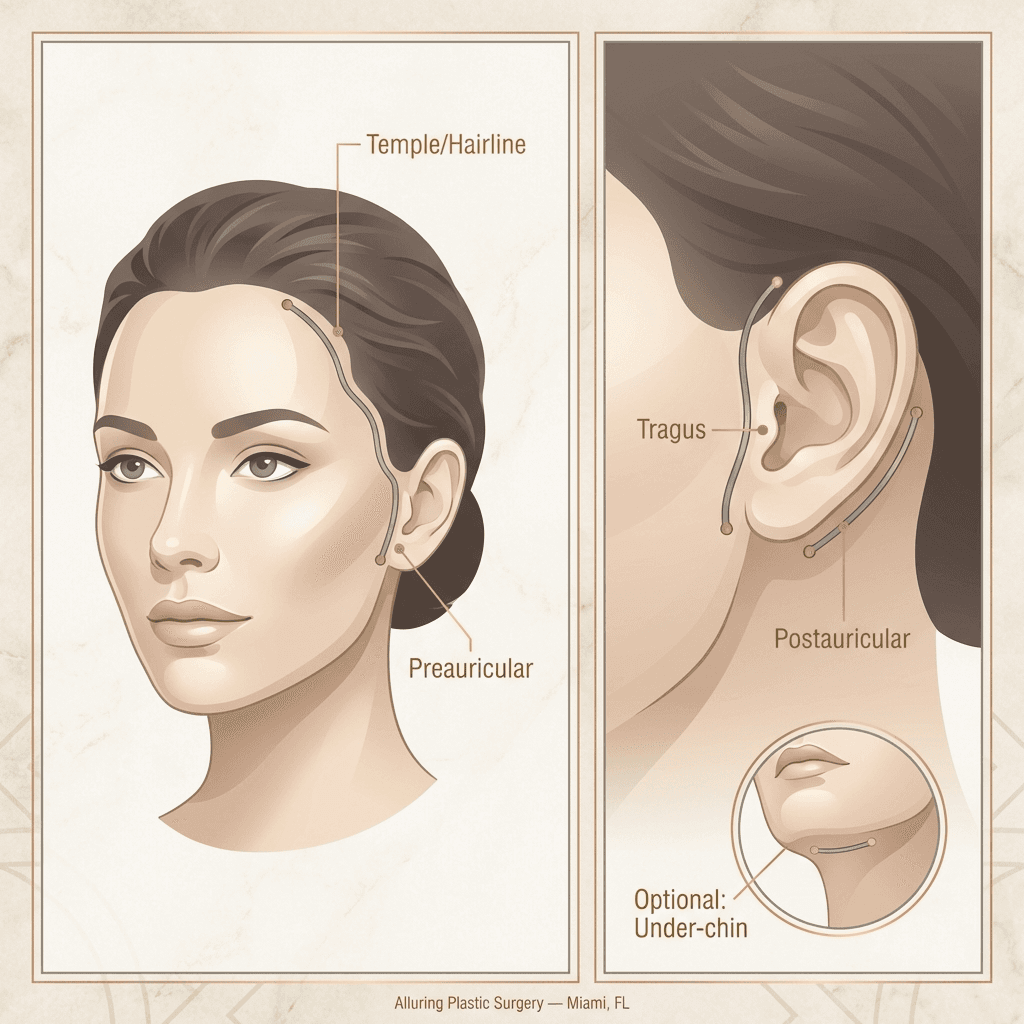 Clean, labeled diagram of typical facelift incision placement (temple/hairline, preauricular, postauricular, tragus, optional under-chin) in neutral stone tones with subtle gold labels.