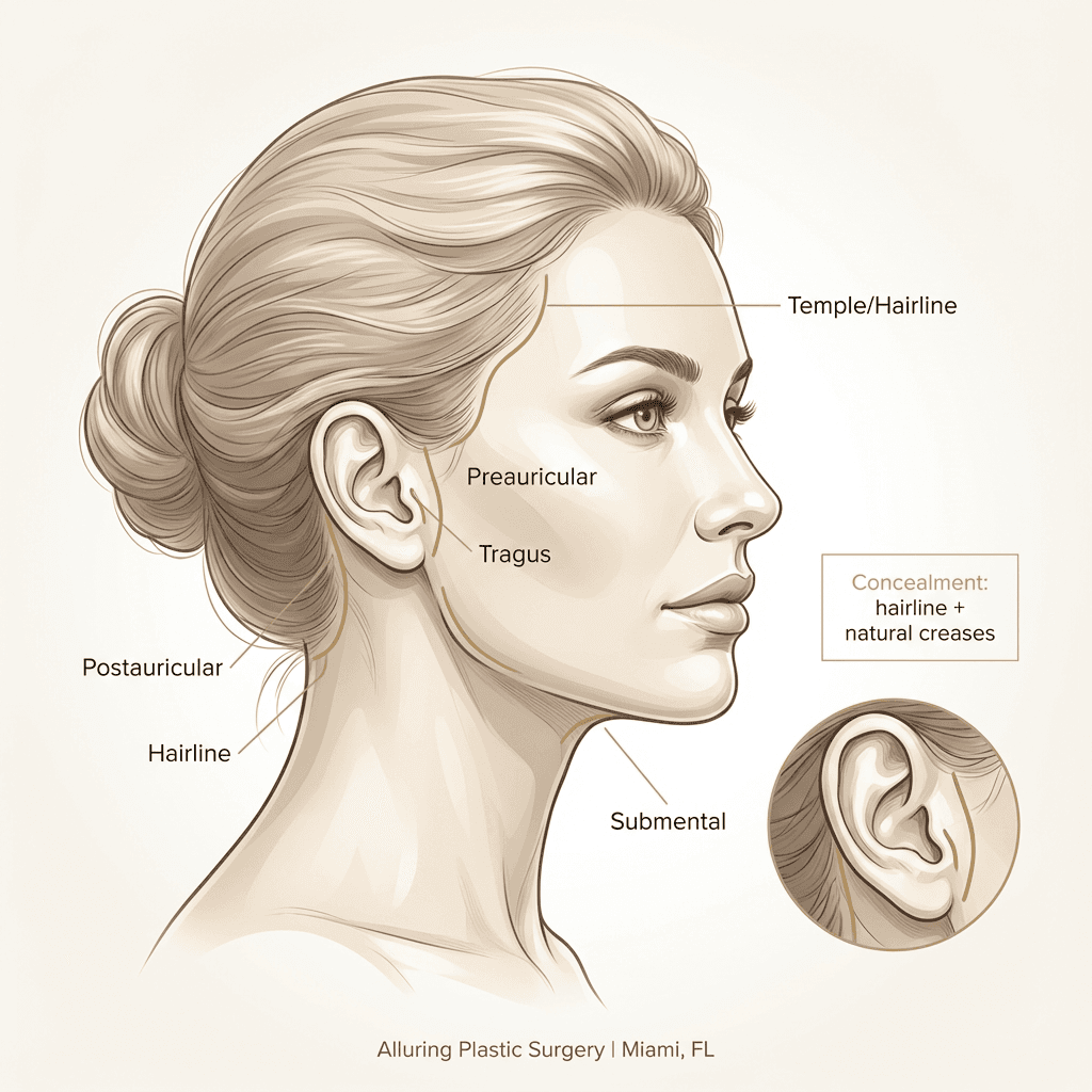 Elegant anatomical ear/face illustration with callouts for preauricular, postauricular, tragus, hairline, and submental (under-chin) incision options; include a small note on concealment (hairline, natural creases).