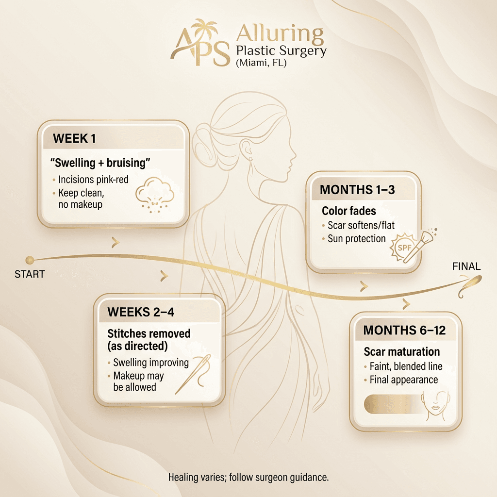 Luxury-styled recovery timeline (Week 1, Weeks 2–4, Months 1–3, Months 6–12) with brief descriptors: color change, swelling, stitch removal, makeup timing, scar maturation.
