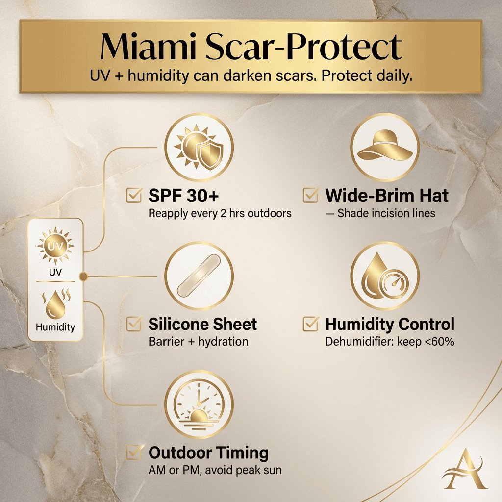 “Miami Scar-Protect” checklist graphic: SPF 30+ reapply cadence, wide-brim hat, silicone sheet barrier, dehumidifier >60%, outdoor timing (AM/PM). Use stone background with gold icons.