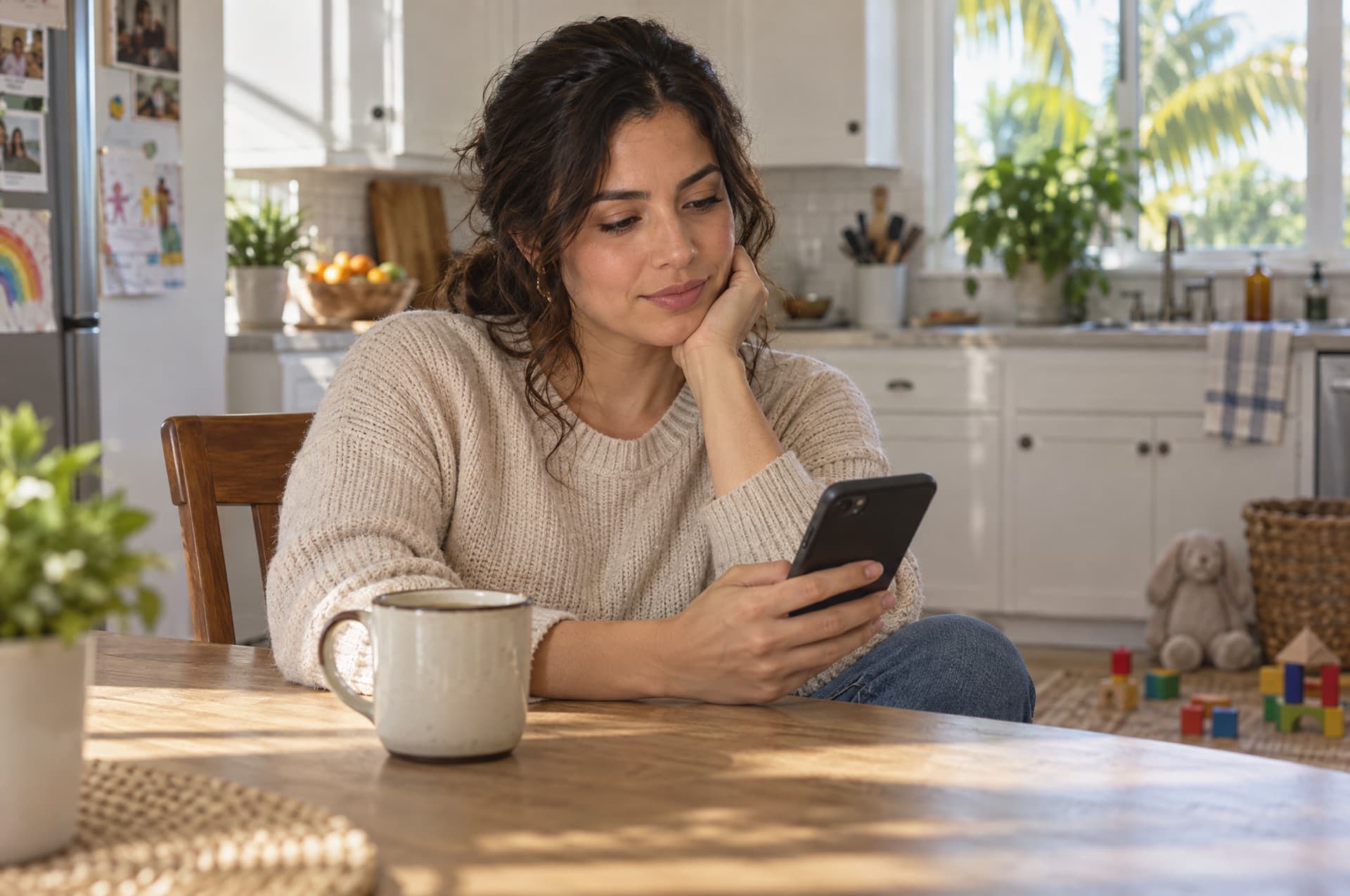 A mother in her early thirties sits at a sunlit kitchen table at home, reading on her phone with a cup of coffee, a child's toys softly out of focus behind her