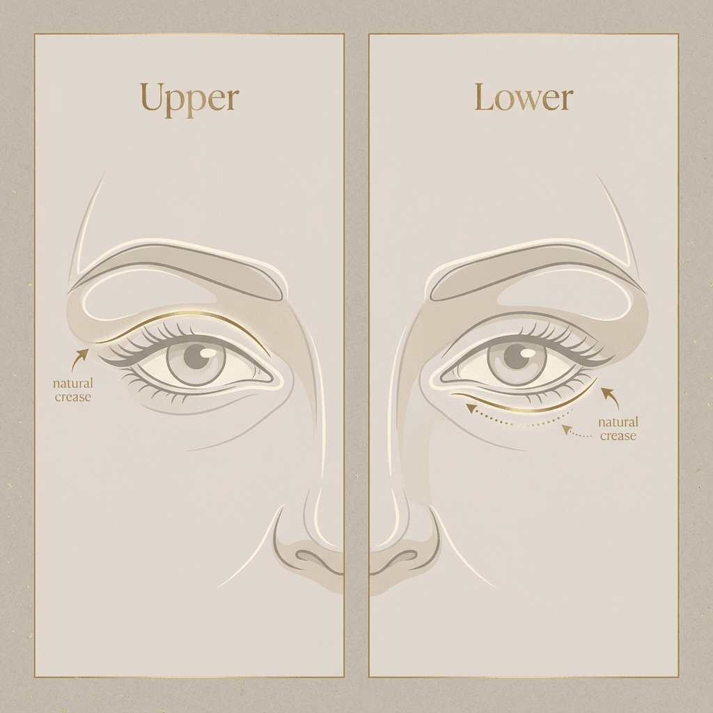 Minimal, elegant line illustration showing upper vs lower blepharoplasty incision placement along natural eyelid creases (no graphic detail), labeled ‘upper’ and ‘lower’ with subtle stone-tone palette and gold accent labels.