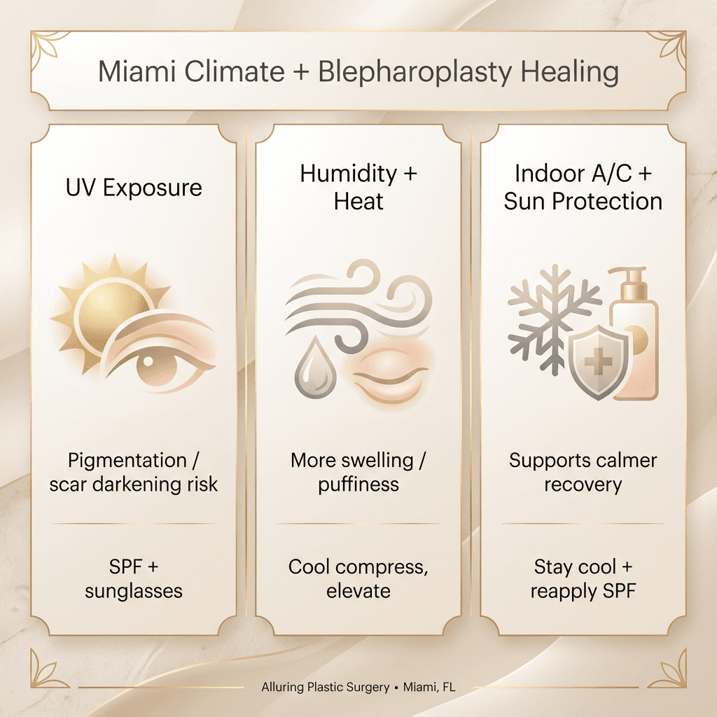 3-panel infographic: ‘UV exposure’ (pigmentation/scar darkening risk), ‘Humidity/heat’ (swelling/puffiness), ‘Indoor AC + sun protection’ (recommended solution) with simple icons and a premium stone/gold design.