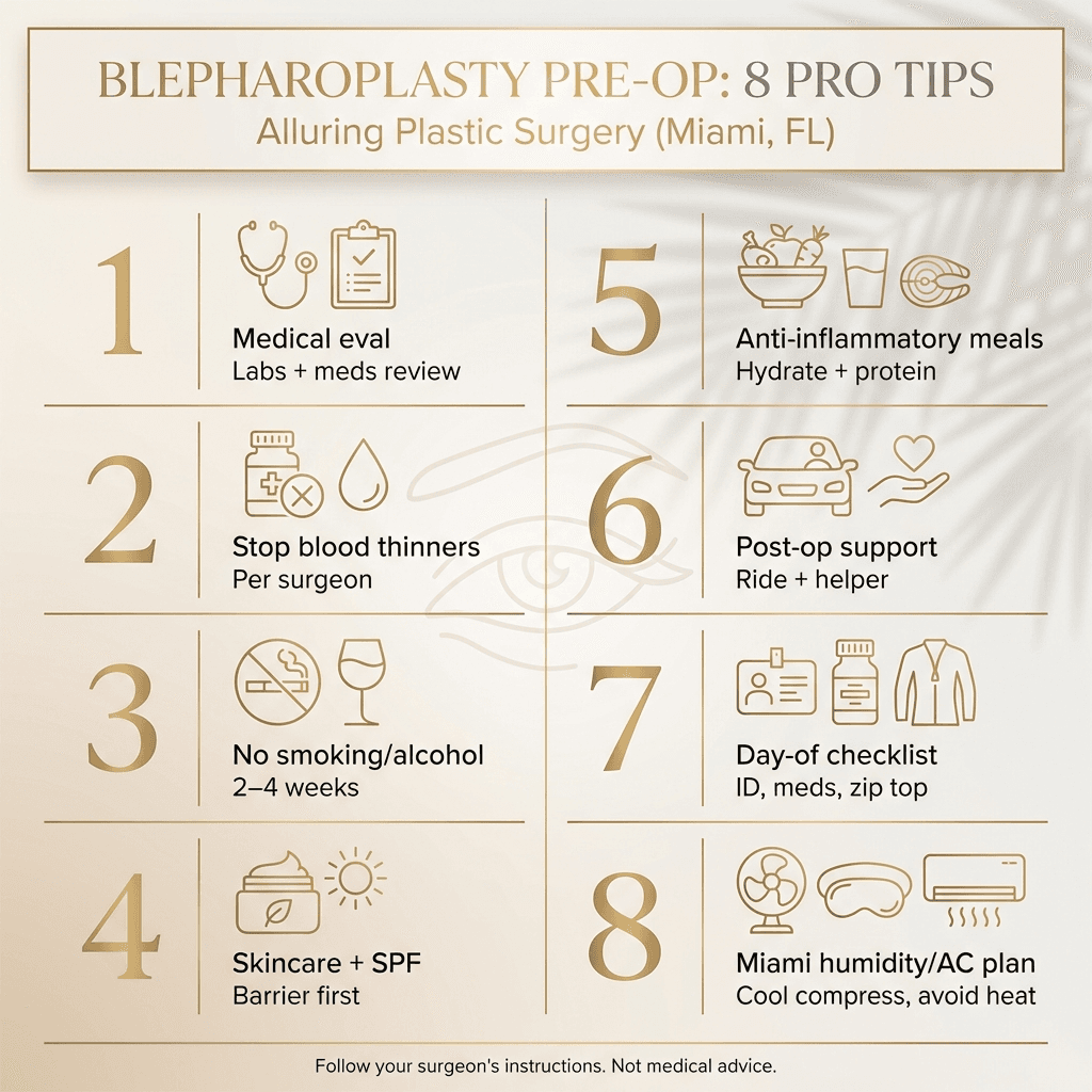 Elegant ‘8-step pre-op checklist’ infographic summarizing: medical eval, stop blood thinners, stop smoking/alcohol, skincare/SPF, anti-inflammatory nutrition, post-op support, day-of checklist, Miami humidity/AC planning.