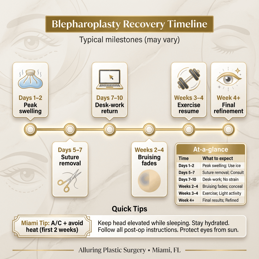 Recovery timeline infographic with milestones: Days 1–2 swelling peak, Days 5–7 suture removal, Days 7–10 desk-work return, Weeks 2–4 bruising fade, Week 3–4 exercise resume, plus Miami note: ‘AC/avoid heat first 2 weeks.’