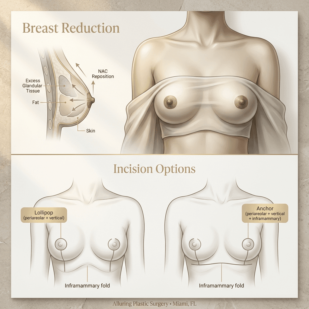 Elegant anatomical/clinical illustration showing reduction mammaplasty overview + simplified incision pattern comparison (lollipop vs anchor) in neutral stone tones with subtle gold labels.