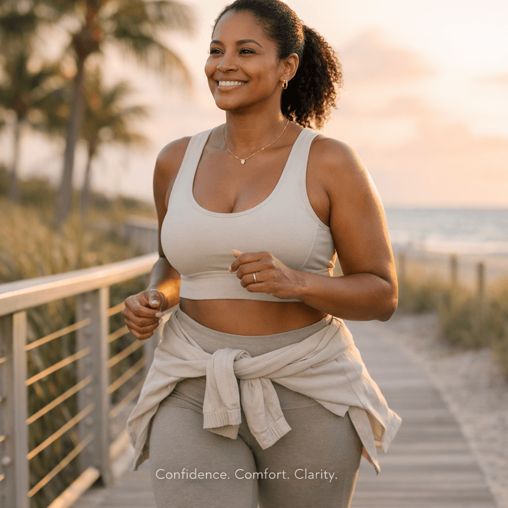 Lifestyle photo: confident mom (30s–40s) in elevated activewear on a calm Miami boardwalk/beach walkway, subtle movement (walking/jogging), warm stone palette and soft golden-hour light.