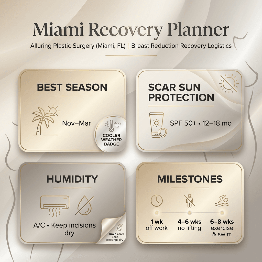 Infographic: “Miami Recovery Planner” with 4 tiles—Best season (Nov–Mar), Scar sun protection (SPF 50+ for 12–18 months), Humidity tips (A/C, keep incisions dry), Timeline milestones (1 week off work; 4–6 weeks lifting limits; 6–8 weeks exercise/swim).