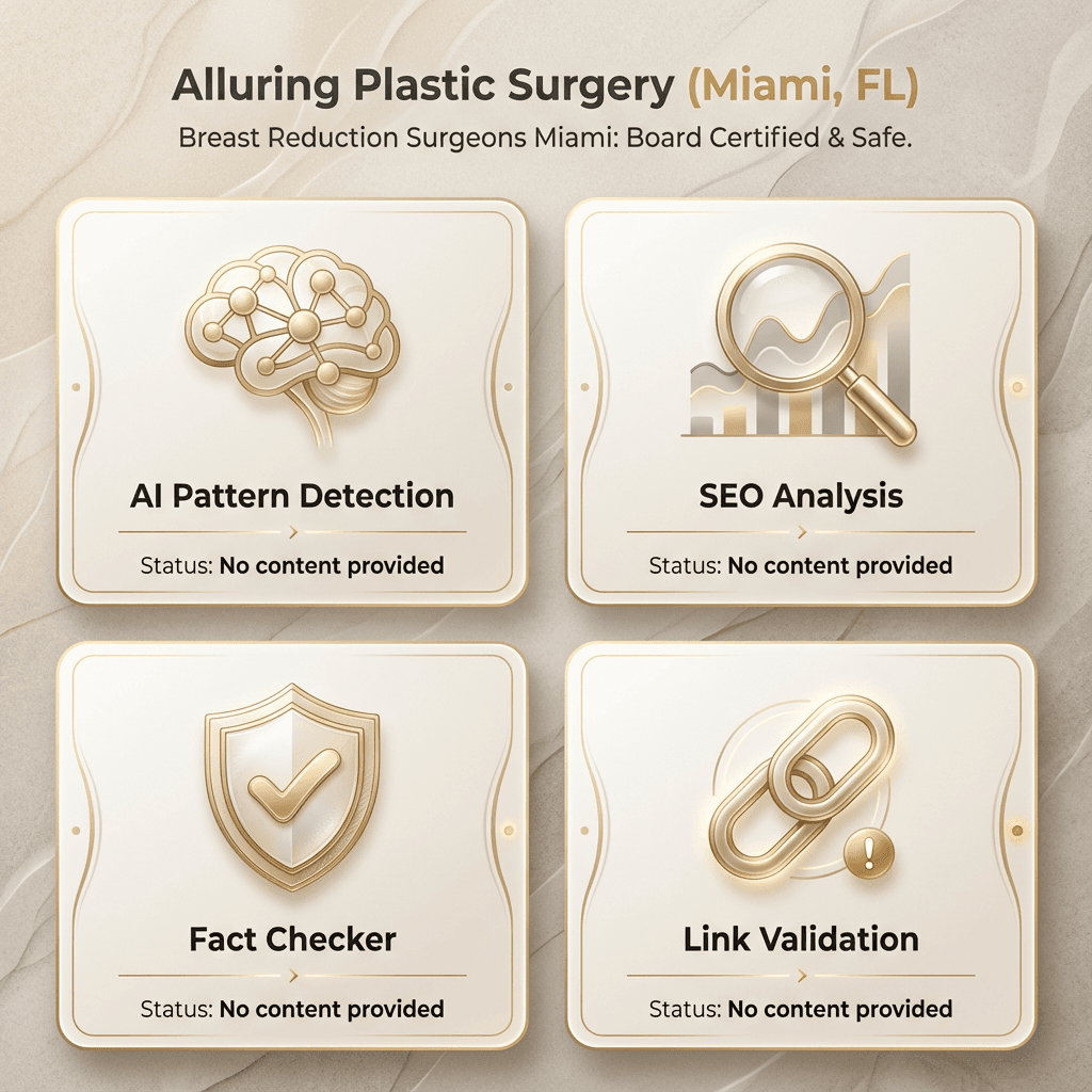 Four-tile diagnostic summary: AI Pattern Detection, SEO Analysis, Fact Checker, Link Validation—each with a simple icon and “No content provided” note