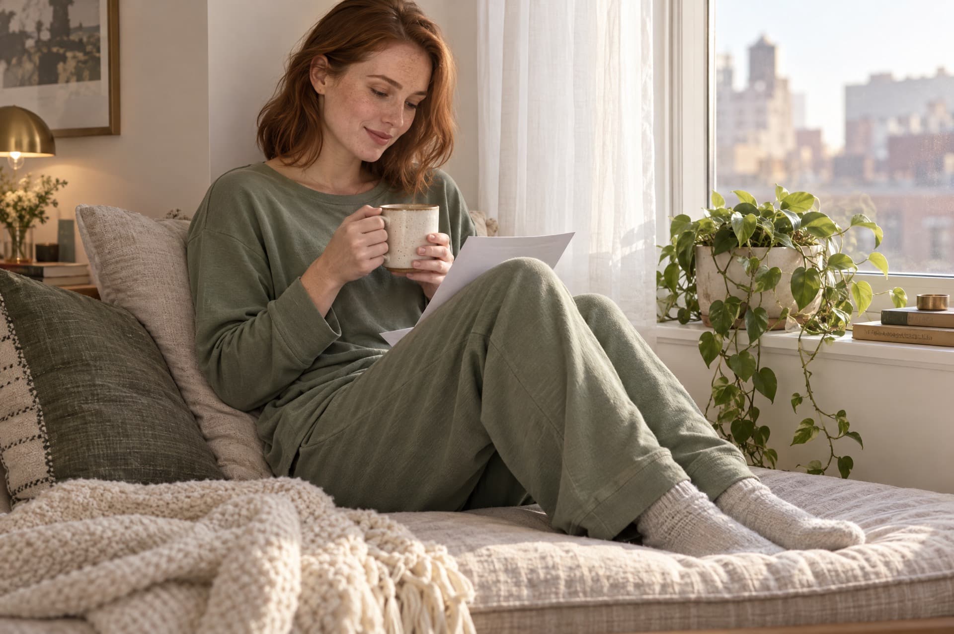 A woman in her early thirties in a loose sage long-sleeve lounge set sits on a window seat with a mug of tea, reading her recovery instructions in soft morning light