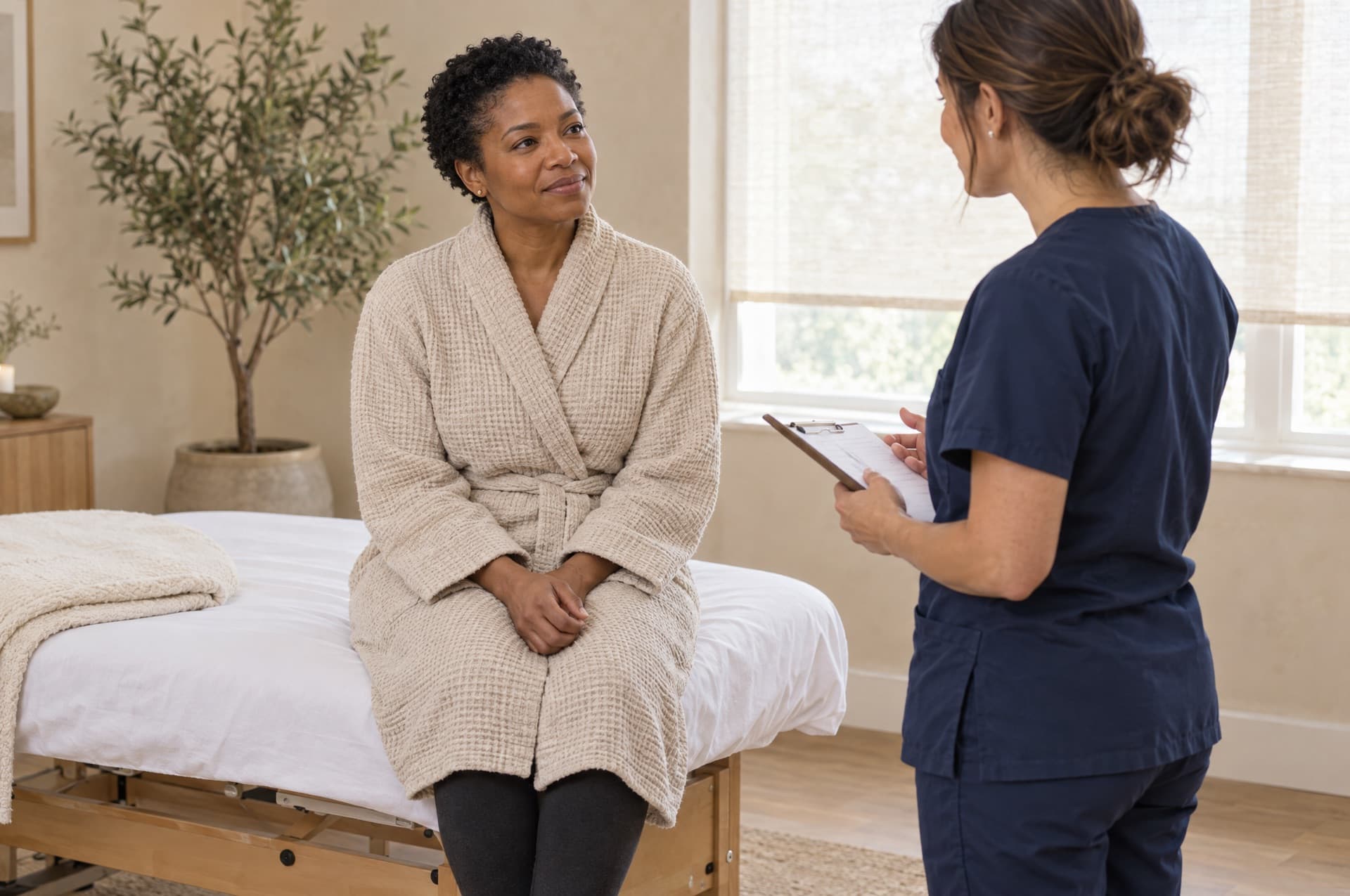 A woman in a soft robe sits on the edge of a treatment table in a bright, calm room, talking with a therapist before a lymphatic massage session.