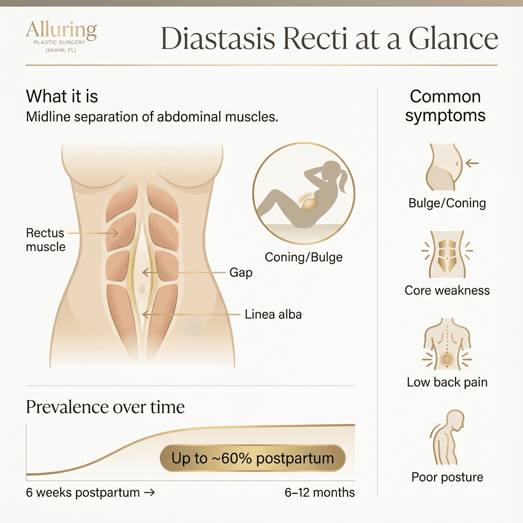 Clean, luxury-styled infographic: “Diastasis Recti at a Glance” showing midline separation, common symptoms (bulge/coning, back pain), and prevalence change over time (6 weeks → 6–12 months).