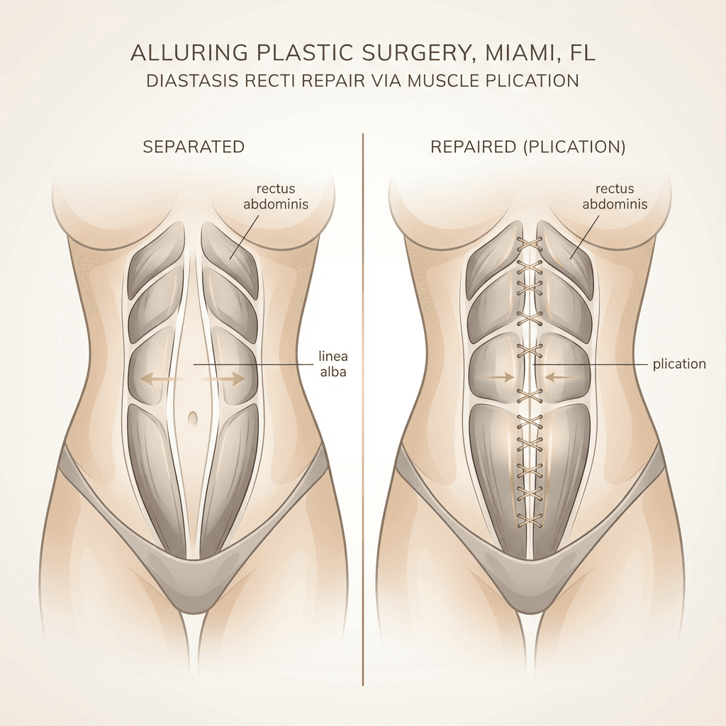 Elegant medical illustration: front-view abdomen showing rectus muscles separated vs. repaired with sutures (before/after schematic), labeled “linea alba,” “rectus abdominis,” “plication.”