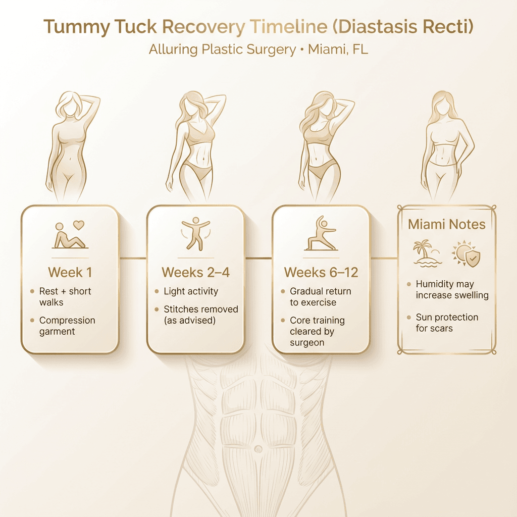 Luxury timeline infographic: Week 1 (walking/rest), Weeks 2–4 (light activity/stitches removed), Weeks 6–12 (return to exercise), plus Miami notes (humidity/swelling, sun protection for scars).