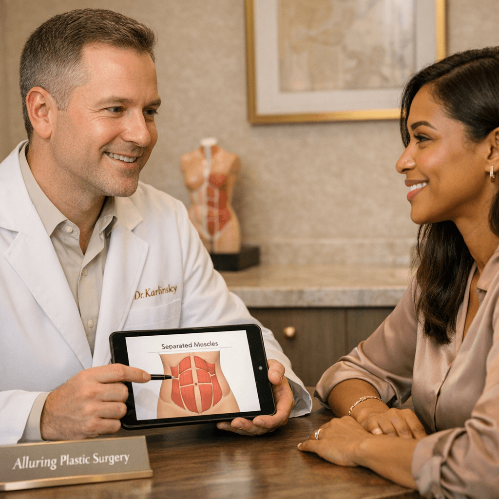 High-end clinic portrait or consultation scene: Dr. Karlinsky in a refined exam/consult room (stone-toned interior, warm lighting, subtle gold accents), patient-facing, welcoming and professional.