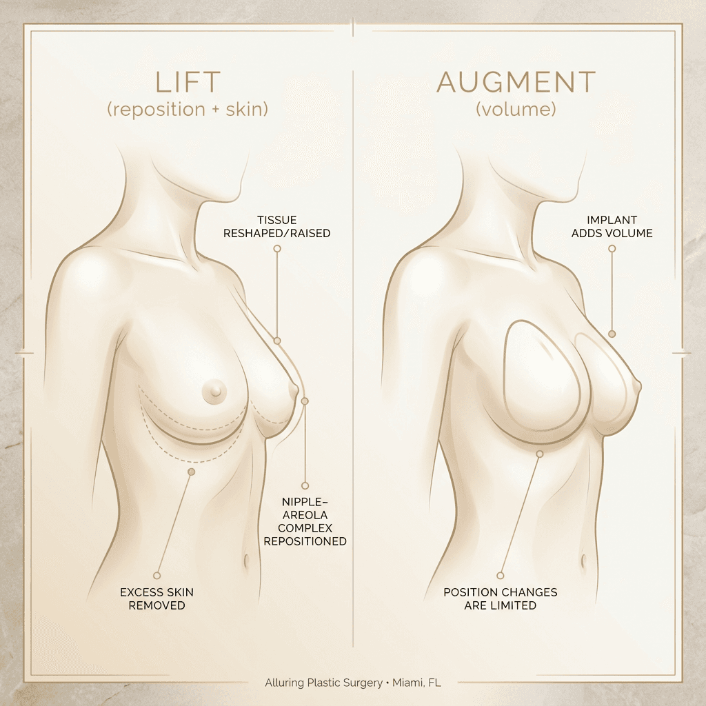 Minimal, clinic-grade illustration: side-by-side ‘Lift (repositioning/skin removal)’ vs ‘Augmentation (added volume)’ with labeled callouts; neutral stone background and gold line accents.