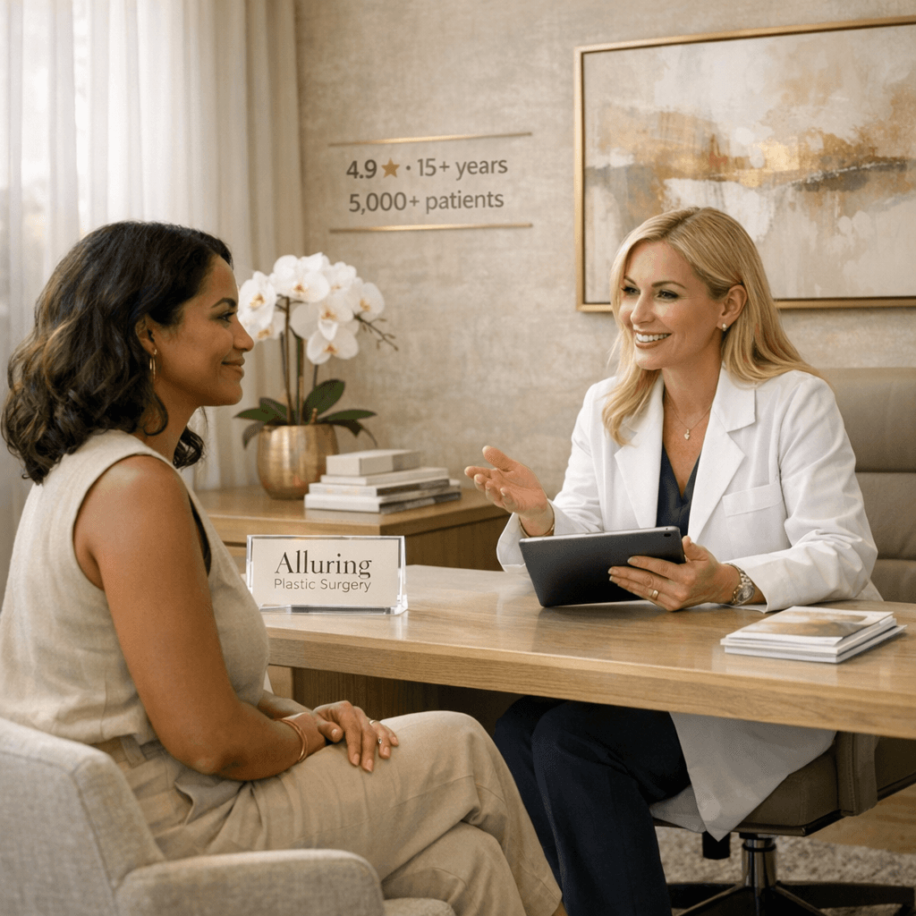 High-end consultation scene or elegant clinic interior: Dr. Victoria Karlinsky (or a physician figure) in a bright, modern office with stone tones and subtle gold accents; patient is a post-pregnancy-age woman, confident and comfortable.