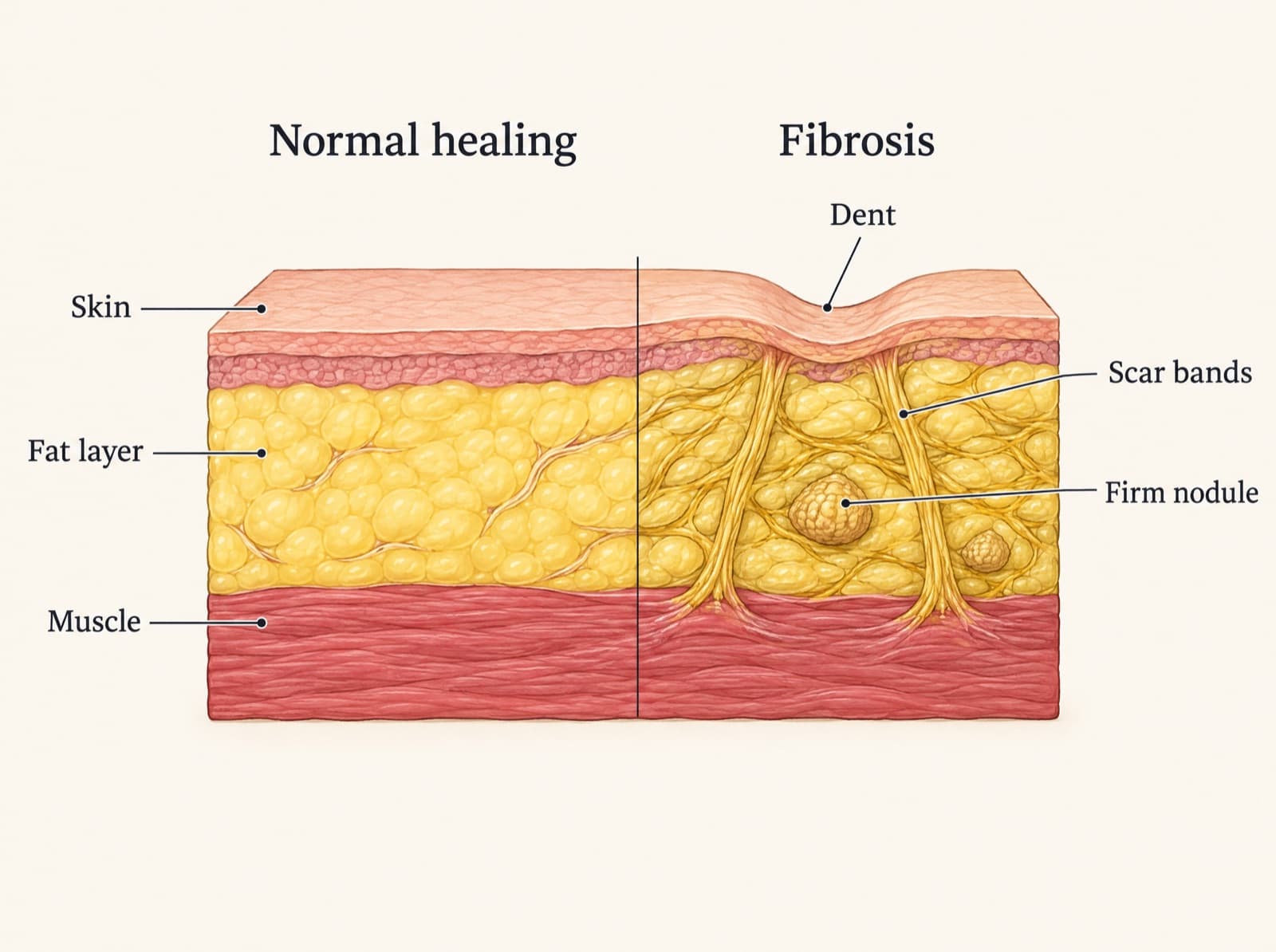 Cross-section illustration of skin and fat after liposuction, with smooth healing tissue on the left and firm fibrous bands pulling the skin into a dent on the right