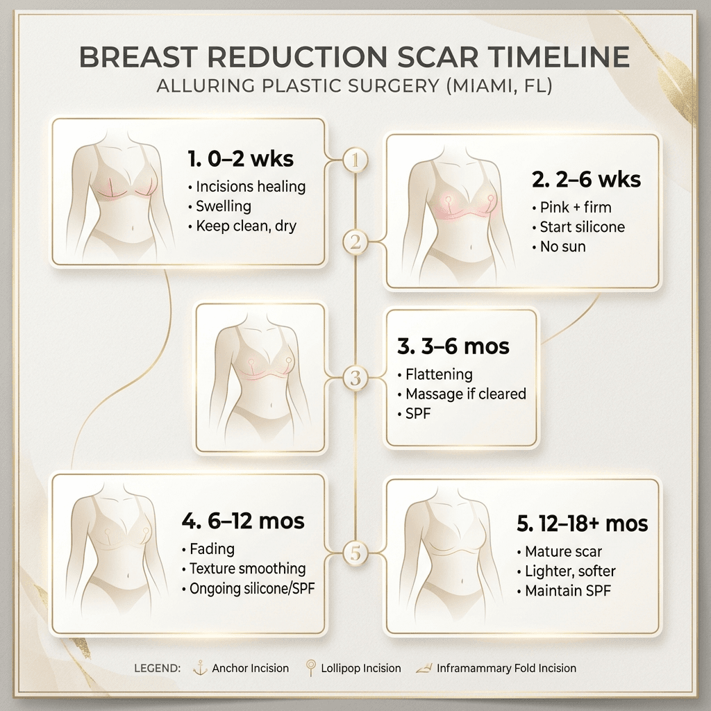 Breast reduction scar maturation timeline (0–2 weeks, 2–6 weeks, 3–6 months, 6–12 months, 12–18+ months) with brief care cues at each stage