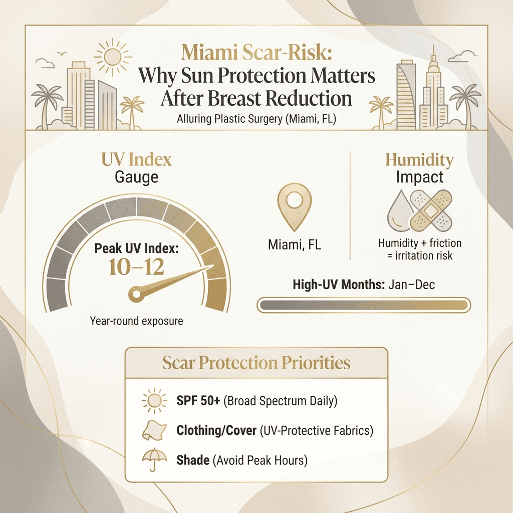 Miami scar-risk graphic: UV index (10–12 peak), humidity effects, and “Scar Protection Priorities” checklist (SPF, clothing, shade)