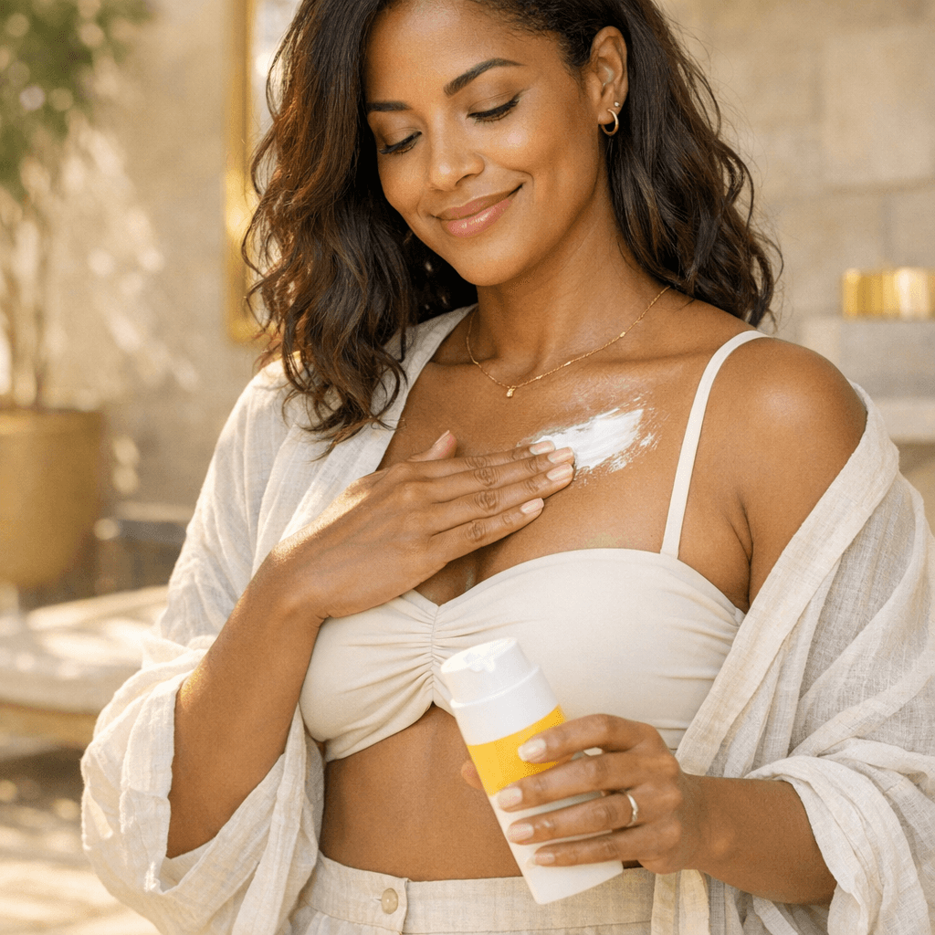 Miami mom applying SPF / using a sun-protective cover-up near a bright window or poolside (no explicit surgical imagery), with warm stone-toned styling and subtle gold accents