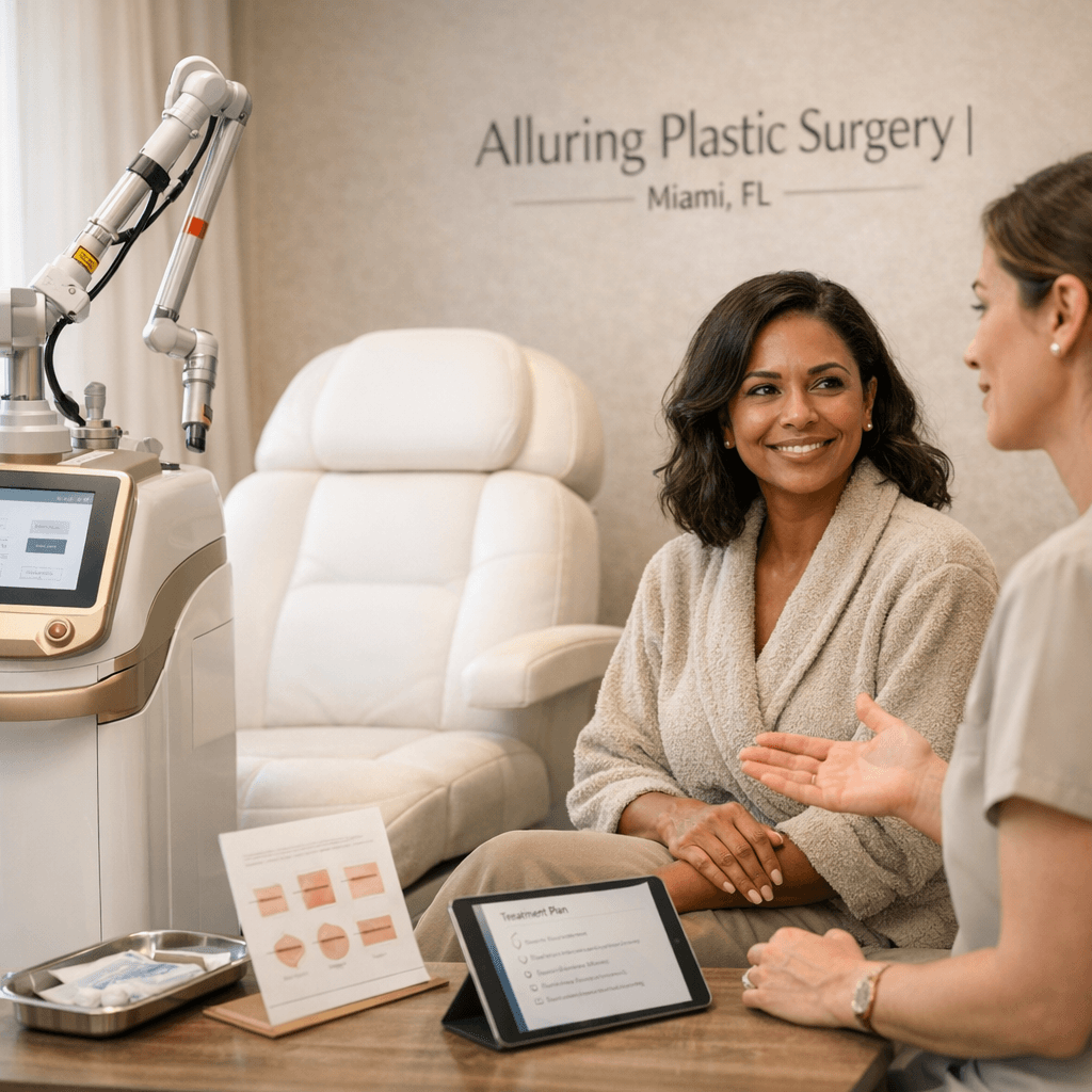 Elegant consultation/treatment-room photo featuring a modern aesthetic laser device and clinician-patient discussion (faces optional), aligned with stone tones + gold accents