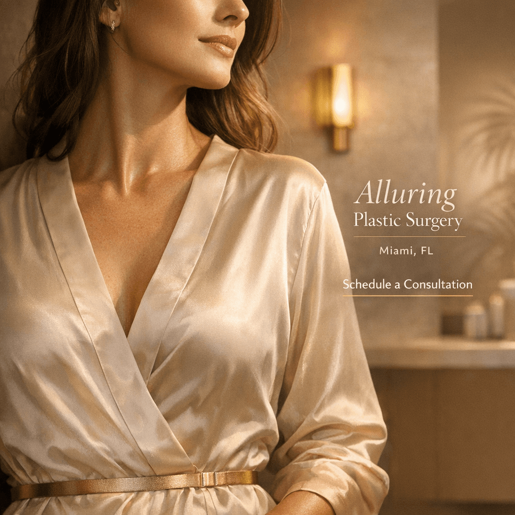 Alluring Plastic Surgery luxury brand visual: refined clinic exterior/interior detail or elegant confident silhouette consistent with Miami luxury editorial tone (stone palette + gold accents)