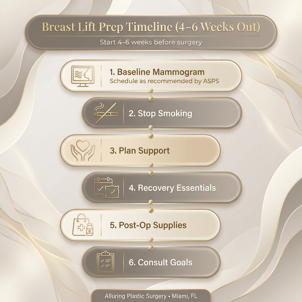 “Breast Lift Prep Timeline (4–6 weeks out)” infographic summarizing the 6 steps (mammogram, stop smoking, plan support, recovery essentials, post-op supplies, consult goals) in a refined, stone-tone layout with gold accent icons.