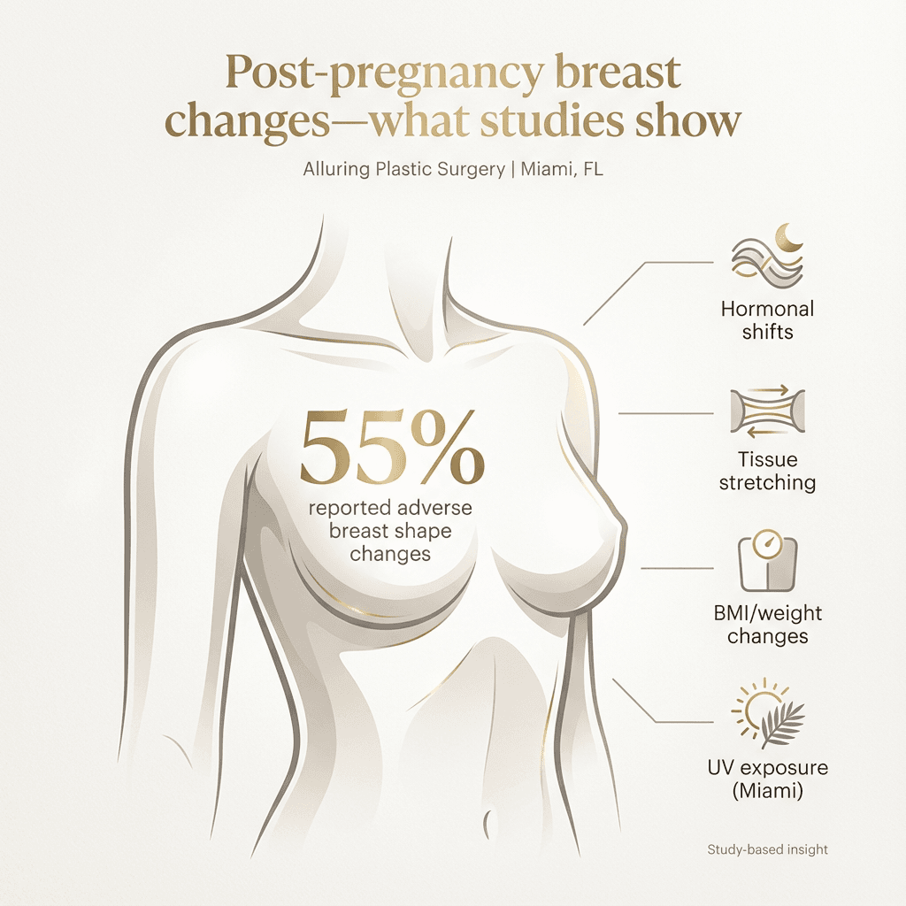 Clean, luxury-styled infographic: “Post-pregnancy breast changes—what studies show” featuring the 55% figure and 3–4 contributing factors (hormonal shifts, tissue stretching, BMI/weight changes, UV exposure as a Miami modifier).