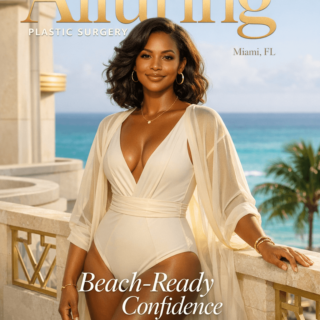 Tasteful, aspirational Miami-setting portrait (e.g., sunlit balcony or resort-style interior); confident woman in elevated swimwear cover-up or sleek athleisure—no nudity, focus on posture and confidence.