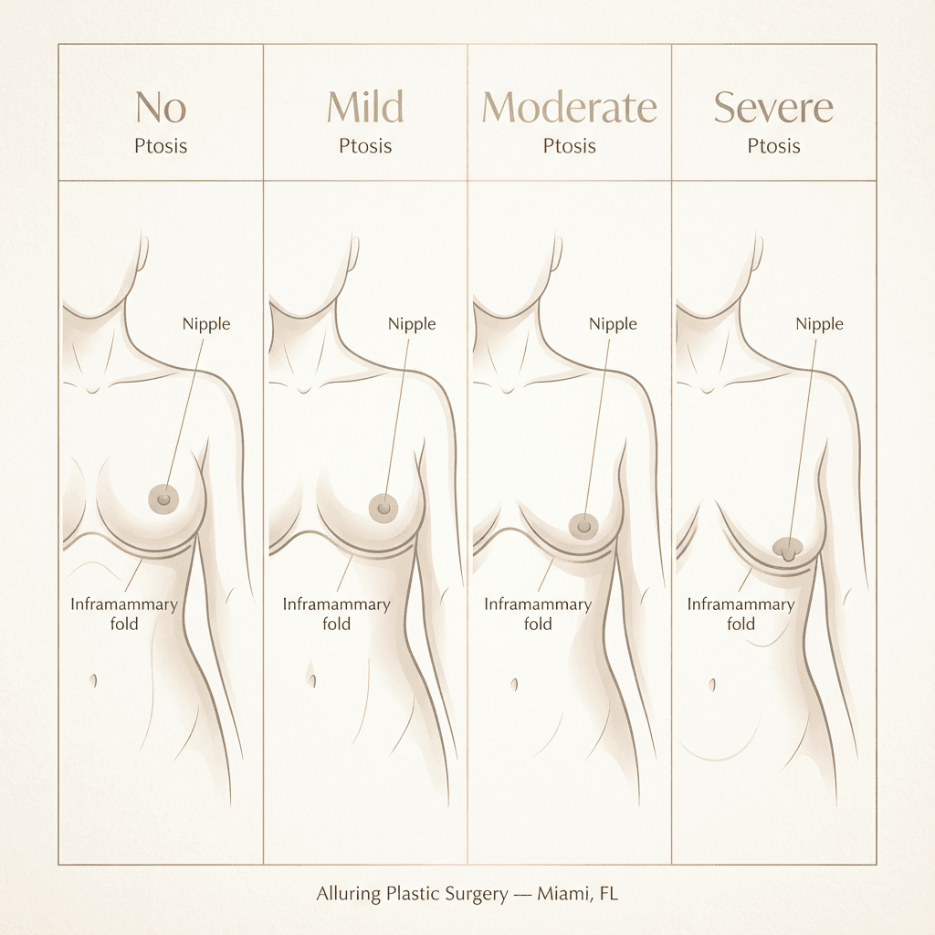 Elegant medical illustration showing breast crease (inframammary fold) and nipple position; labeled “No/mild/moderate/severe ptosis” with subtle, non-graphic line art in warm neutrals.