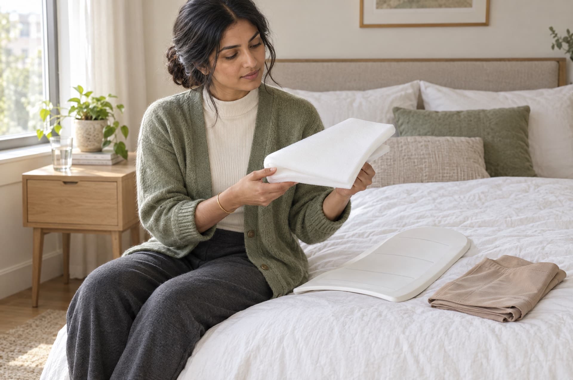 A woman in a cardigan sits on her bed in a sunlit bedroom, looking at a folded sheet of lipo foam, with an ab board and a folded compression garment beside her.