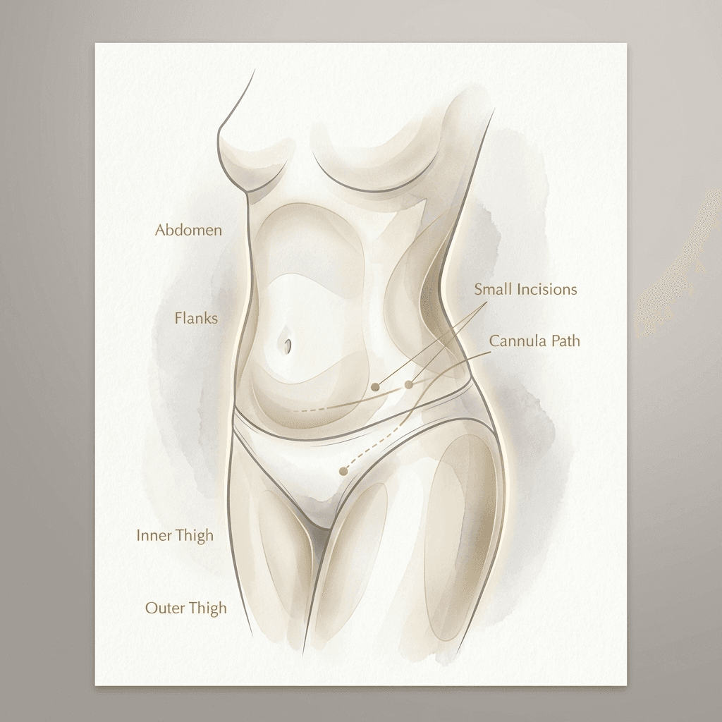 Minimal, high-end anatomical illustration showing common liposuction target areas on a female torso (abdomen/flanks/thighs) with a simple cannula pathway callout in beige/gray with gold accent labels.