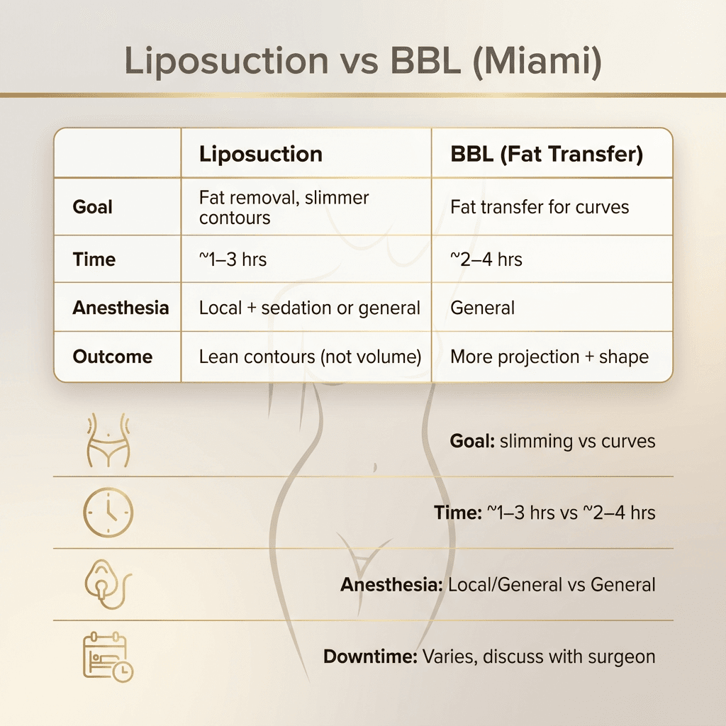 Luxury comparison graphic: Liposuction vs BBL with 4 icons (slimming/curves, time, anesthesia, downtime). Include a tasteful silhouette outline and Miami-neutral styling (beige/cream + gold accents).