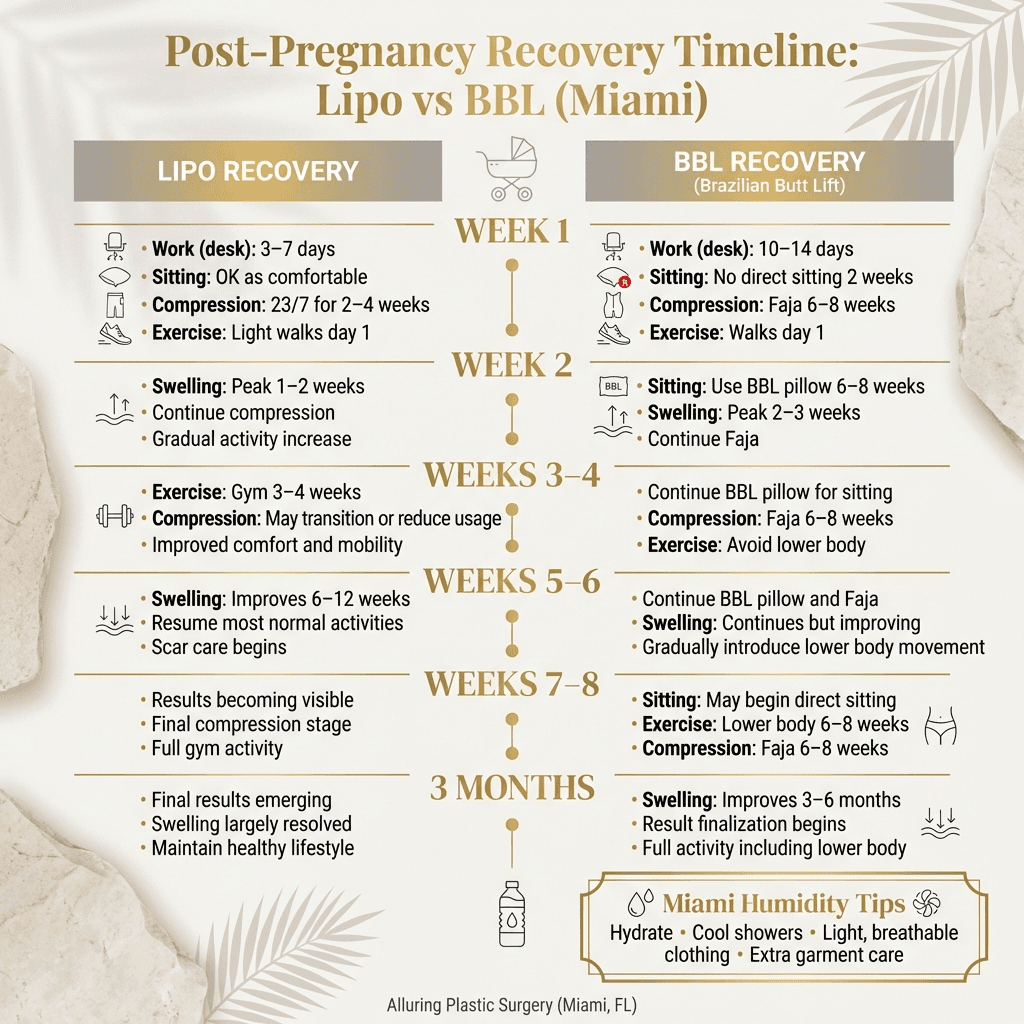 Two-lane recovery timeline (Lipo vs BBL) with week-by-week milestones: work return, sitting restrictions, compression duration, exercise, swelling phases, plus a small “Miami humidity tips” callout.